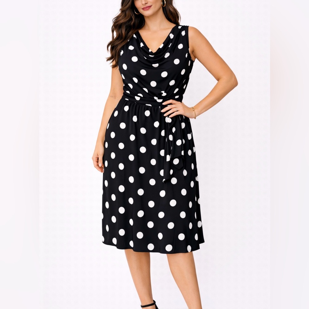 Ralph Lauren Dress 10 Black White Polka Dot Washable Belt Sleeveless Classic
